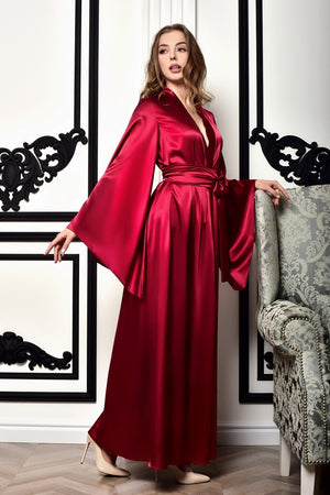 Burgundy robe adorned with delicate kimono motifs, a must-have for bridal party glam
