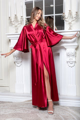 Long burgundy satin dressing gown with 3/4 sleeves