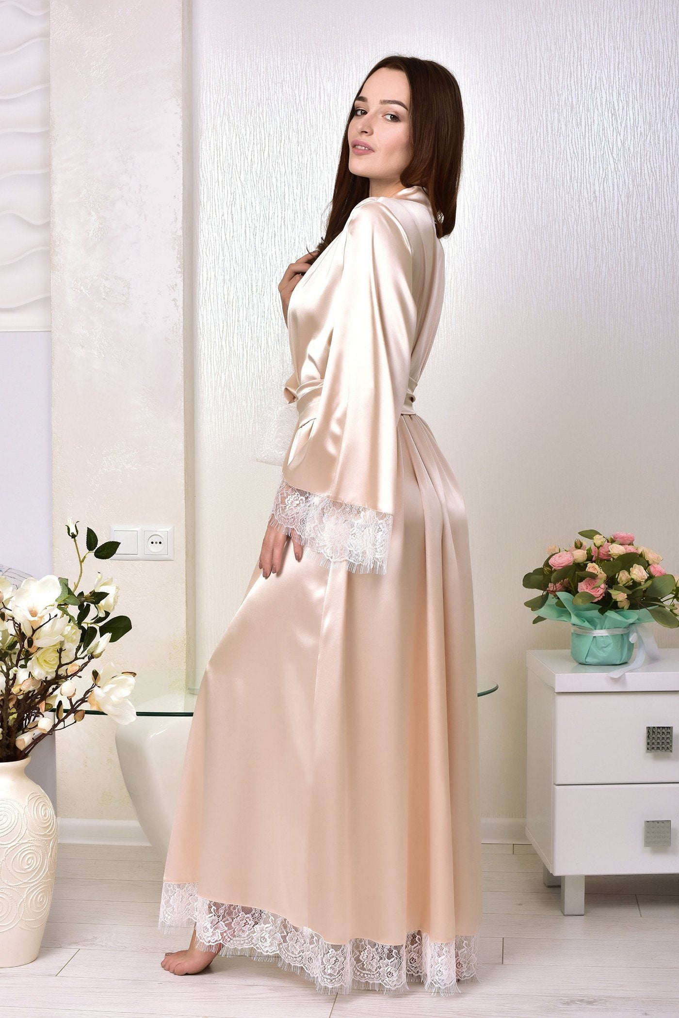 Bridal robe in a serene beige hue, featuring exquisite lace accents for a touch of timeless elegance