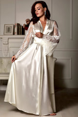 Elegant Long Lace Bridal Robe in Ivory Satin - Perfect for Wedding Preparations