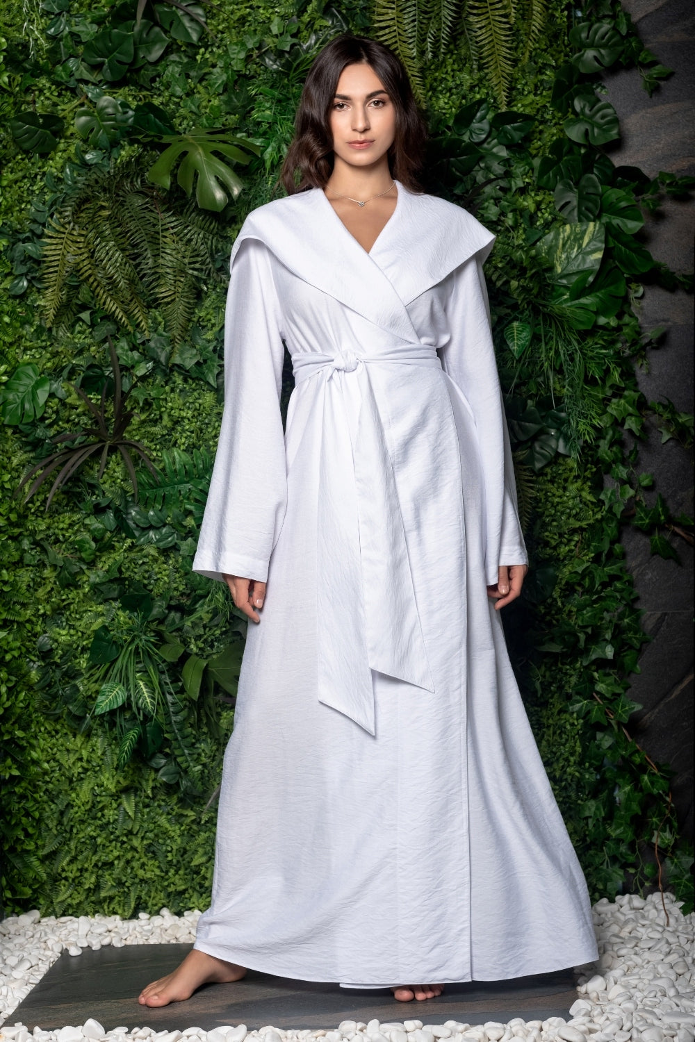 Long Linen Robe in White - Front View