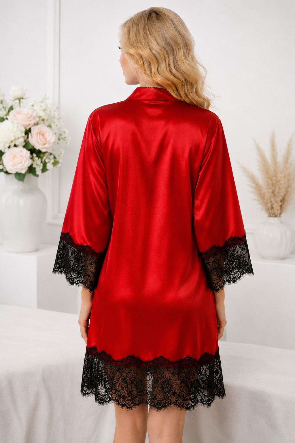 Red satin robe with black lace trim