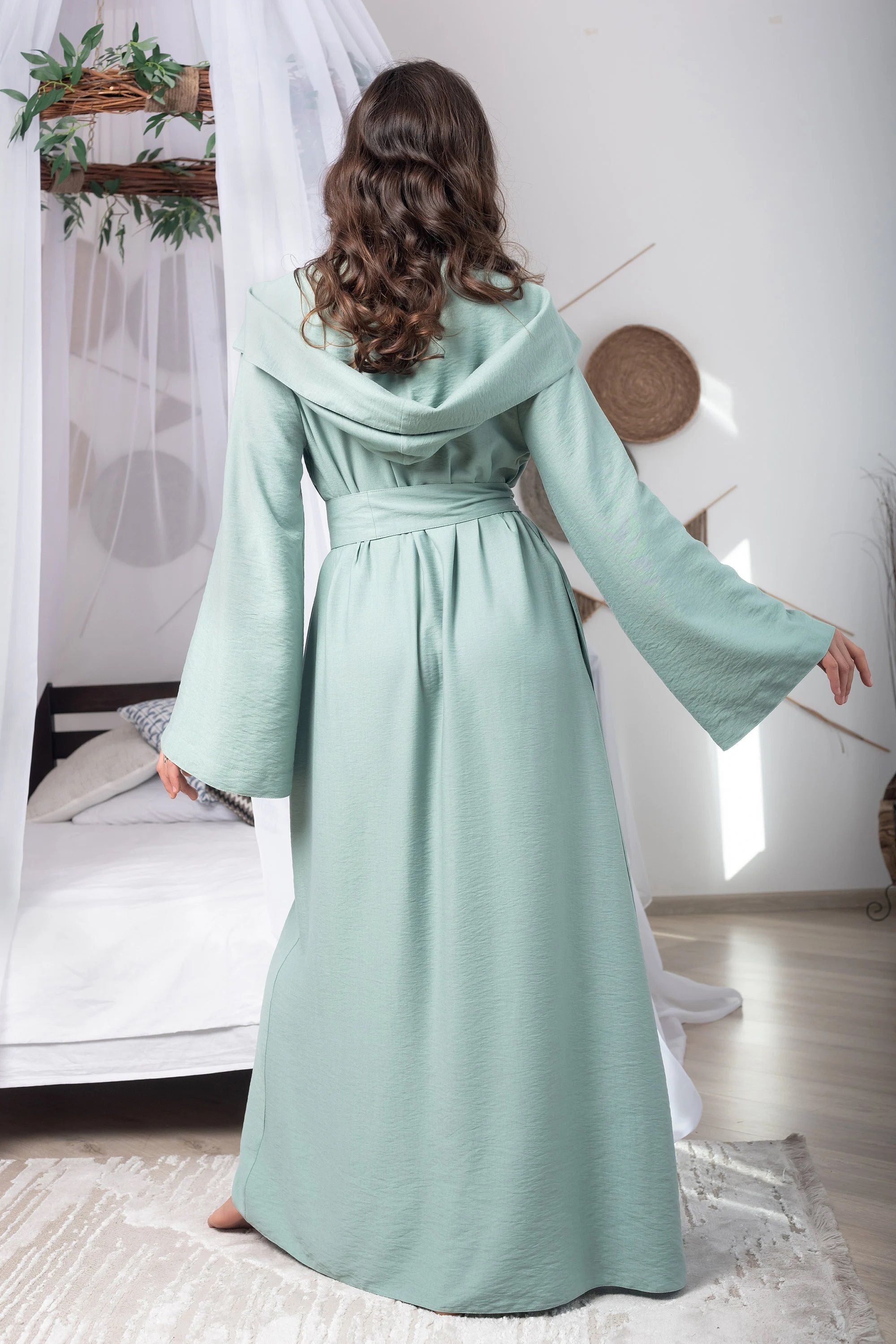 Mint Bamboo Viscose Robe with Hood | Lightweight Boho Spa Robe Xs/S / Mint Mint Bamboo Viscose Robe with Hood | Lightweight Boho Spa Robe Xs/S / Mint