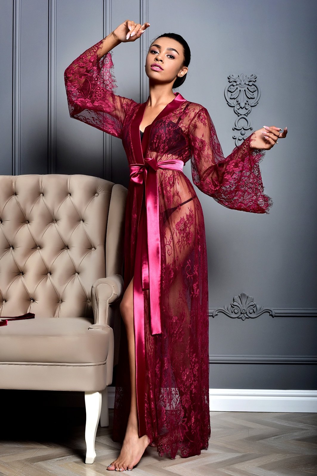 Burgundy Lace Long Robe Sheer Boudoir Negligee Marrysol Shop Burgundy Lace Long Robe Sheer Boudoir Negligee Marrysol Shop