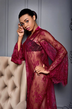 Seductive Lace Peignoir in Bordeaux