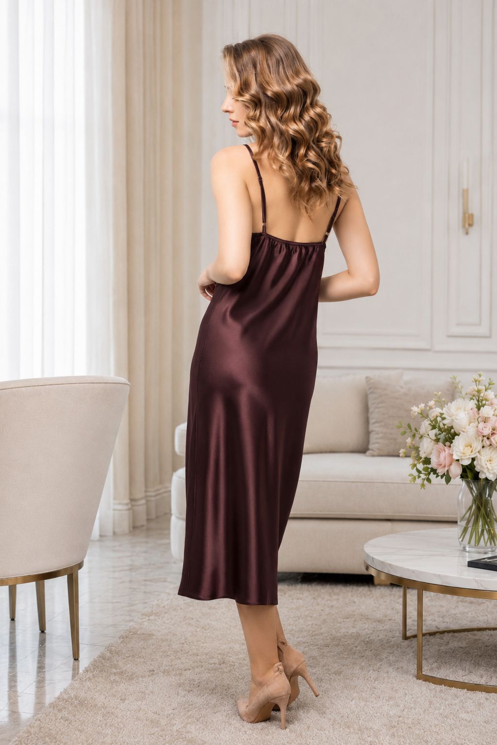 Chocolate Brown, Satin Peignoir, Robe Set, Balloon Sleeves, Cowl Neck, Long Robe, Bridal Robe, Honeymoon, Boudoir, Luxury Sleepwear, Custom Size, Gift for Her