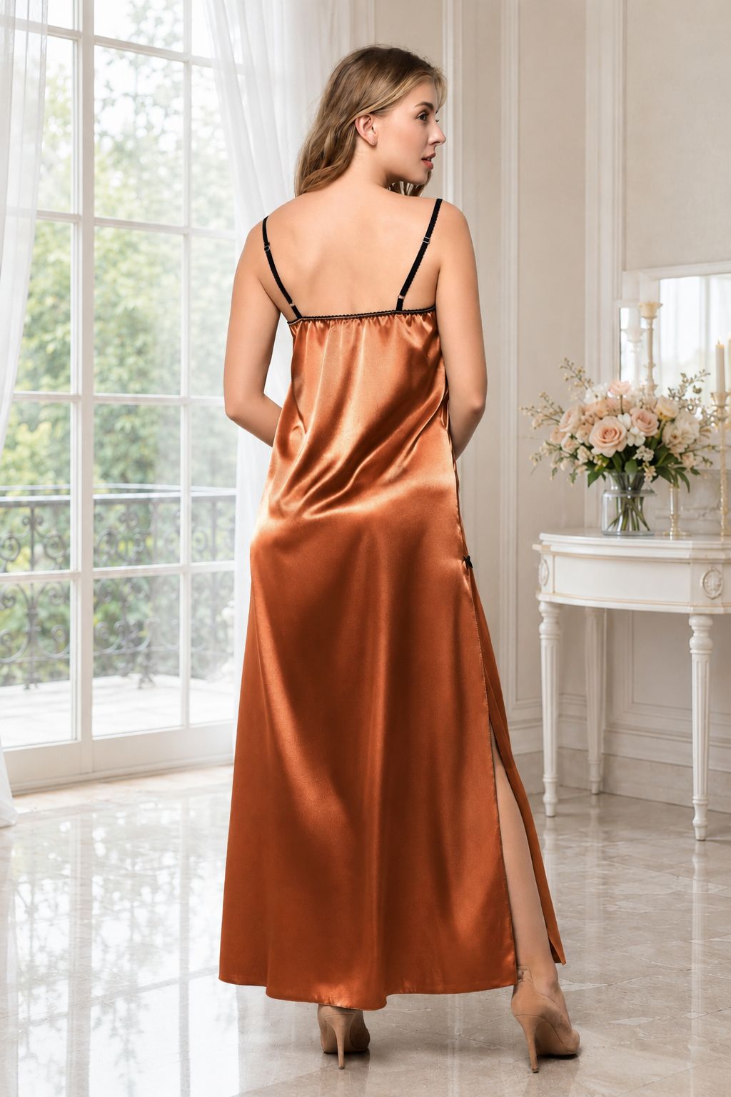 Plus size woman wearing a long copper satin lingerie set