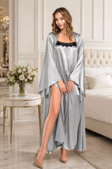 Silver gray satin peignoir set with long robe and lace nightgown