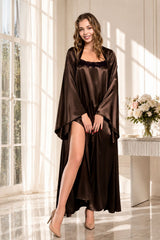 Chocolate Brown Satin Peignoir Set with Long Slip Dress