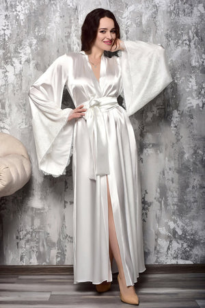 Women's long satin robe with glossy finish in ivory, comfortable and elegant