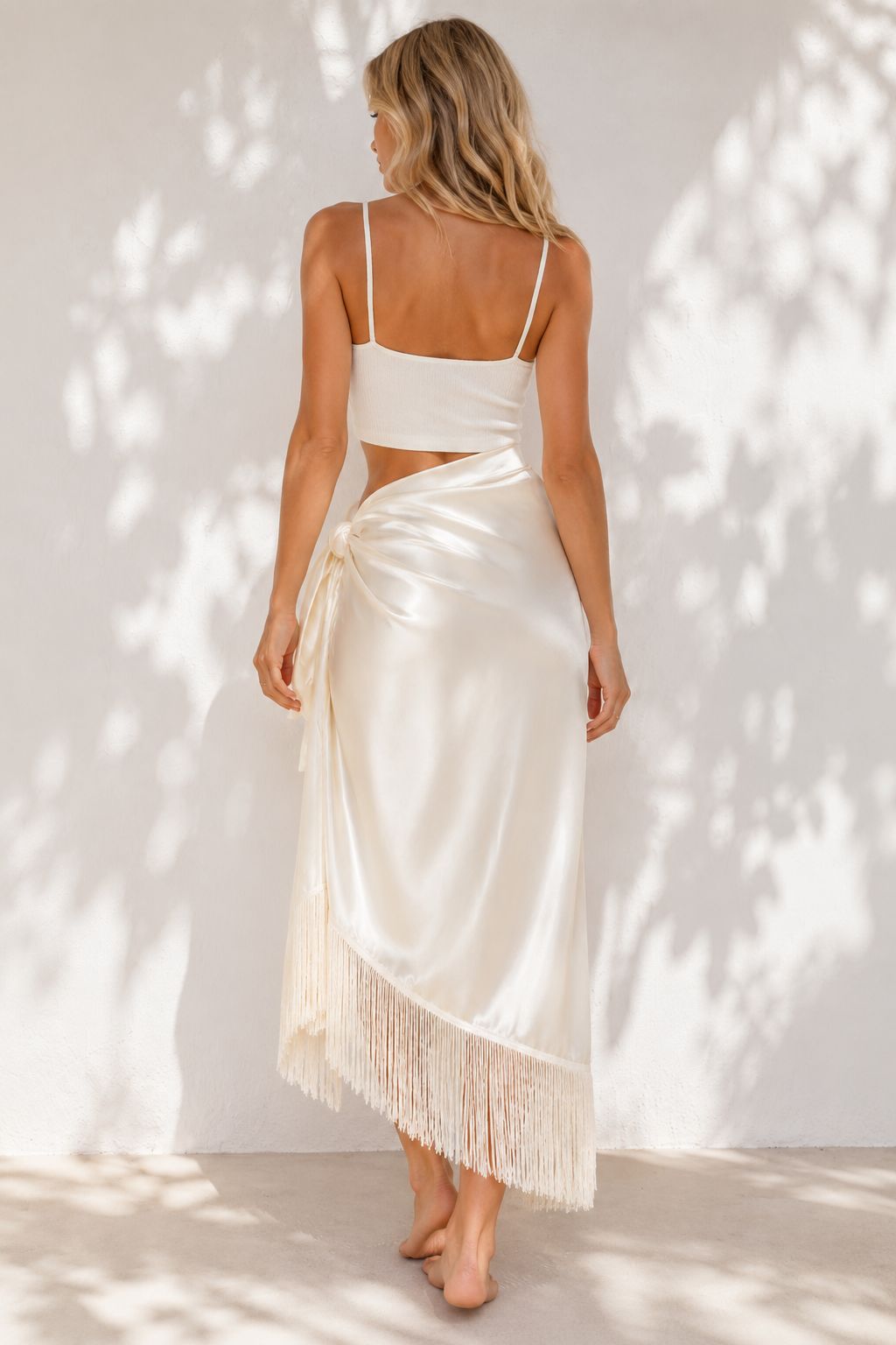 Ivory Satin Pareo Sarong with Fringe