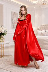 Red satin peignoir set with long robe and black lace nightgown