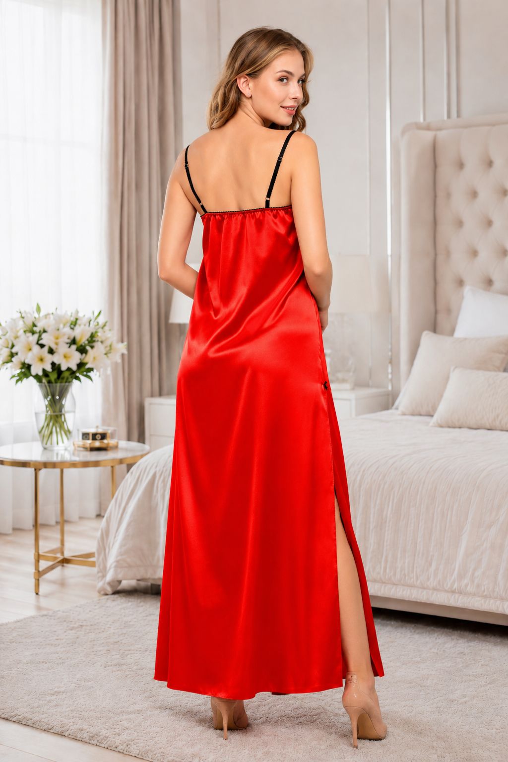 Red satin lingerie robe and long nightgown for women
