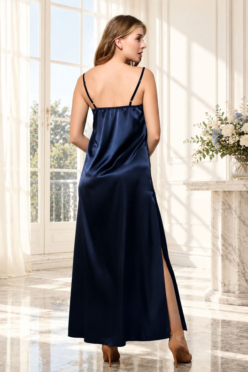 Long navy satin nightgown with lace neckline and side slit