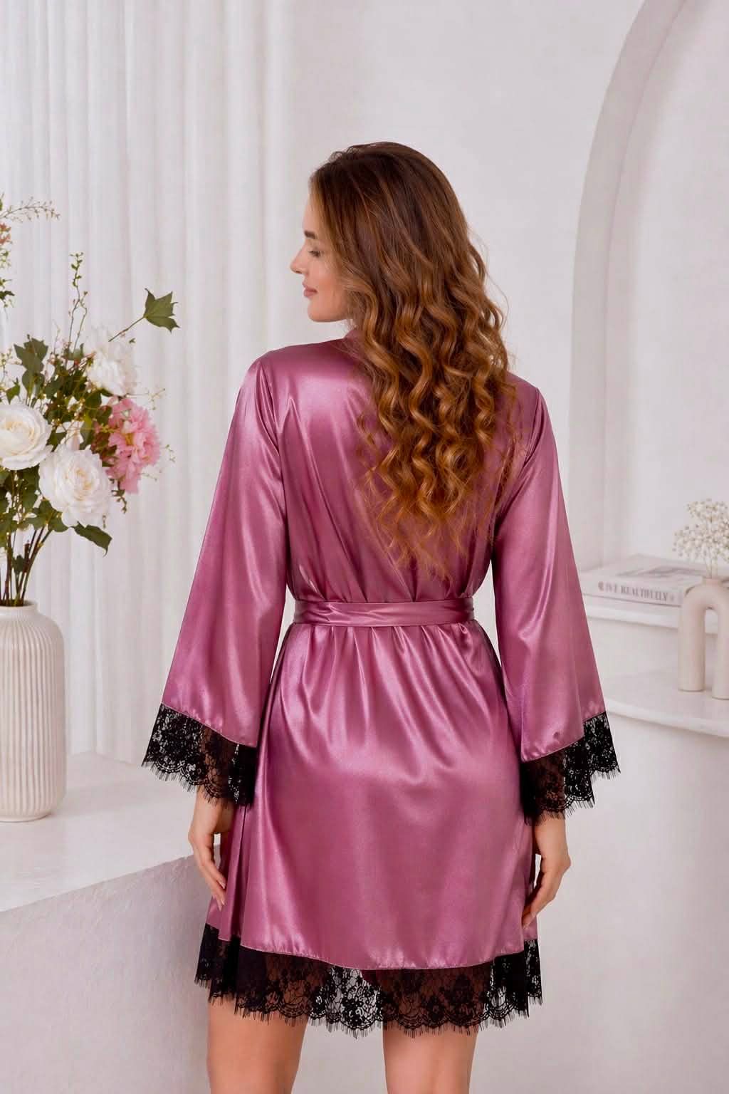 Elegant pink satin robe with belt, soft silk-like fabric, women’s home wear