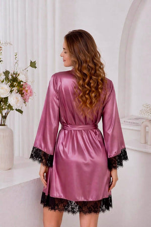 Elegant pink satin robe with belt, soft silk-like fabric, women’s home wear