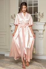 Blush pink maxi satin robe with puff sleeves