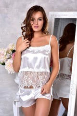 White satin cami and shorts pajama set with sheer lace waist – front view