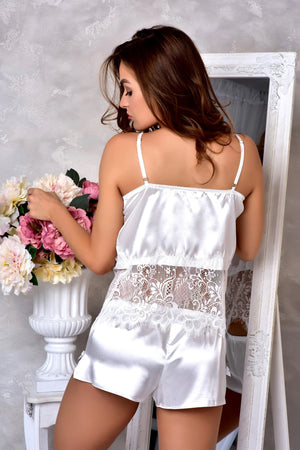 Sexy white satin sleep set with lace details – model standing