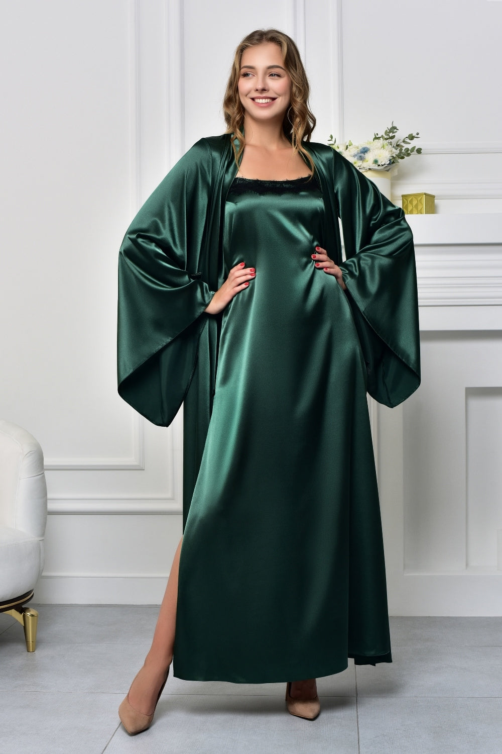 Green Long Nightdress and Robe Set Front View