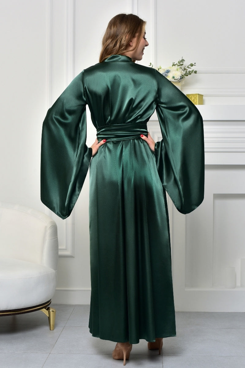 Dark Green Satin Kimono Robe - Back View