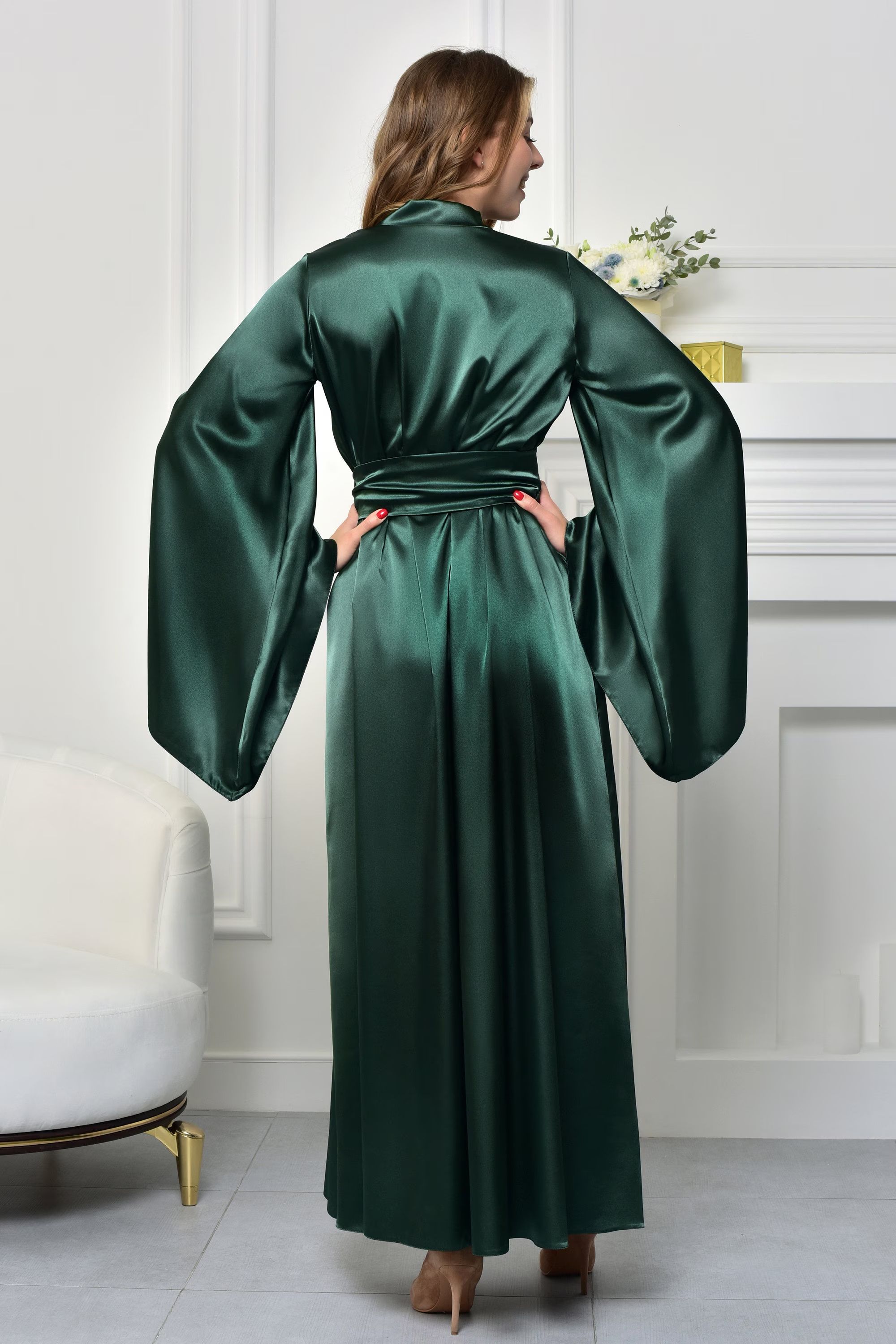 Dark Green Satin Kimono Robe - Back View