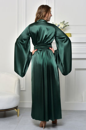 Dark Green Satin Kimono Robe - Back View