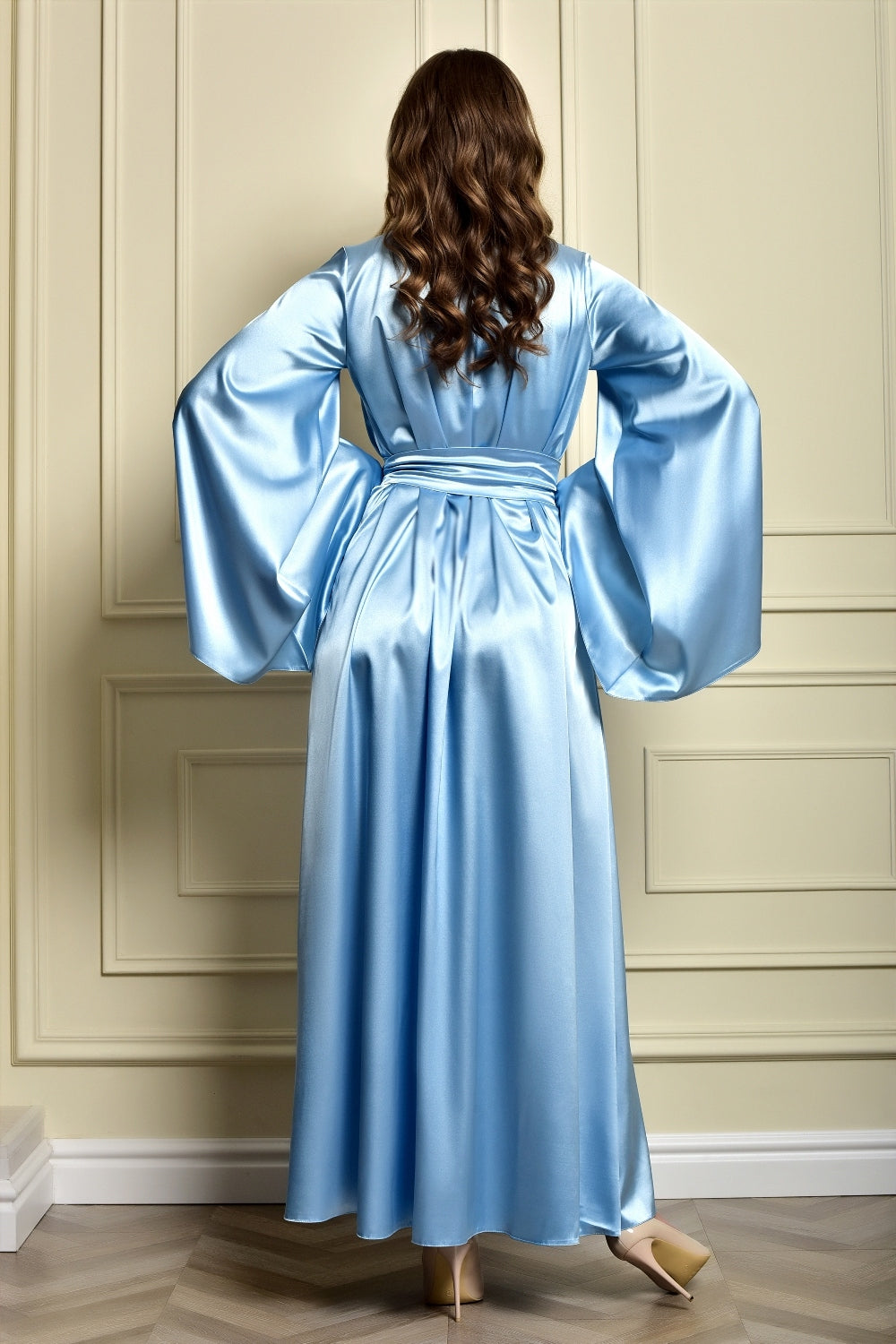 Luxurious sky blue satin robe, perfect for a cozy evening at home