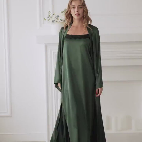 Bridal Gift: Dark Green Satin Kimono Robe with Nightdress