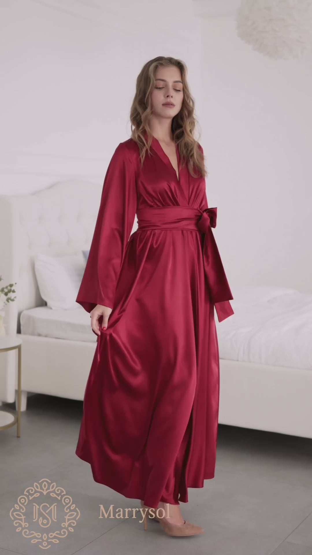 Rich burgundy satin kimono robe - elegant seductive loungewear