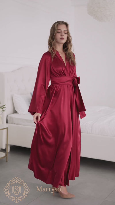 Rich burgundy satin kimono robe - elegant seductive loungewear