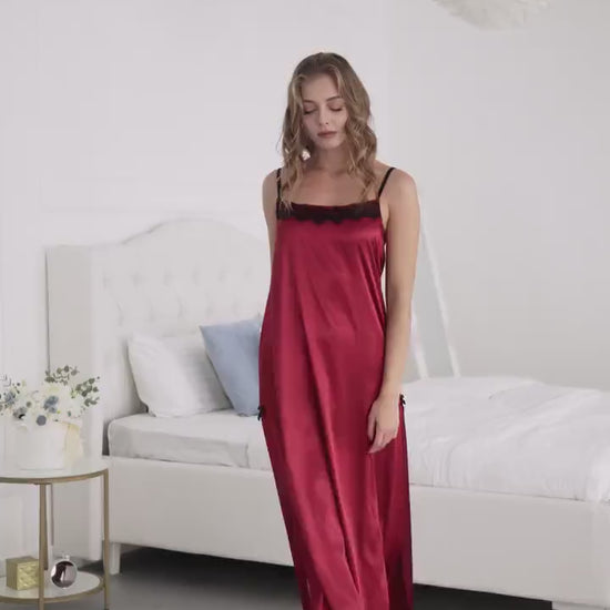 Burgundy Bridal Satin Long Nightgown in action - embrace elegance and allure.