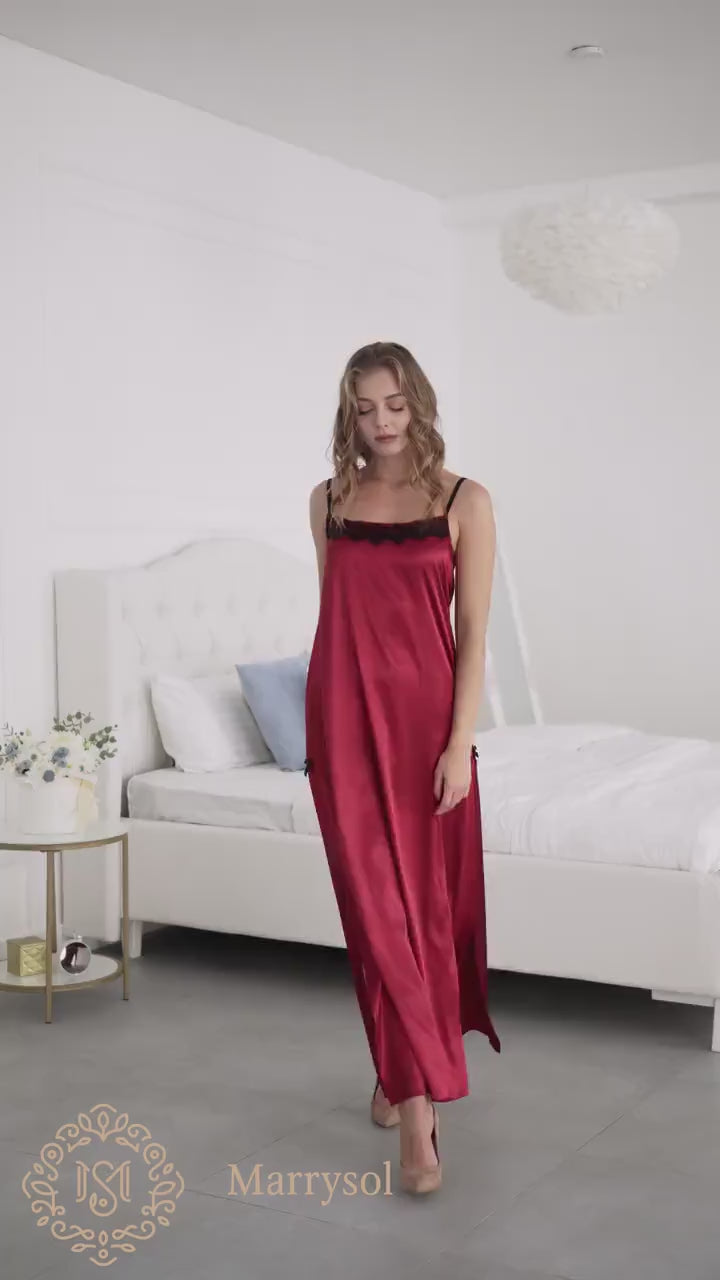 Burgundy Bridal Satin Long Nightgown in action - embrace elegance and allure.