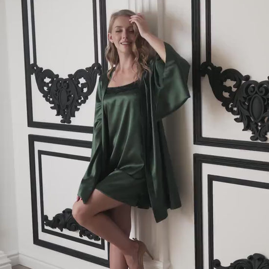 Dark Green Peignoir Set - Kimono Robe with Chemise