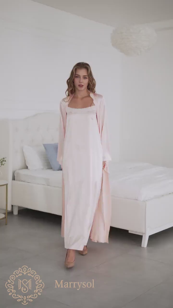 Perfect Gift: Long Sexy Nightdress and Robe Set in Light Pink