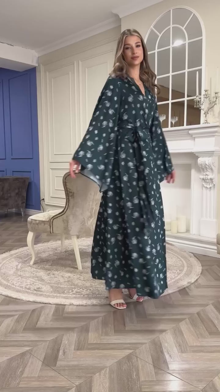 Floral print green satin kimono robe - video product