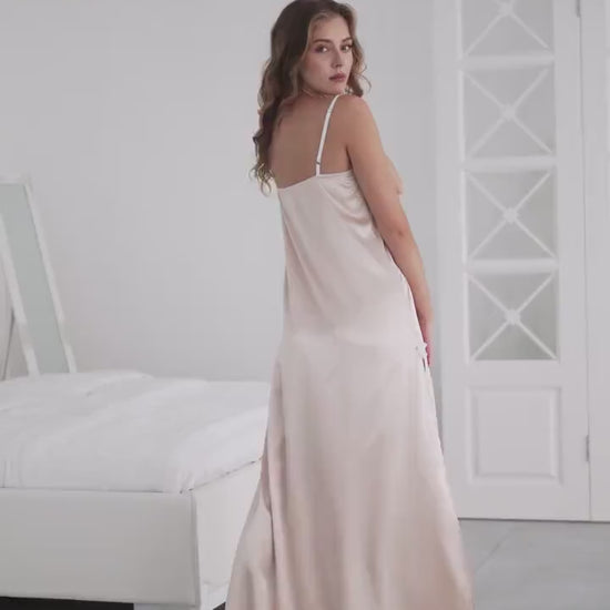 Floor Length Nightdress in Beige Satin - Sexy Sleepwear