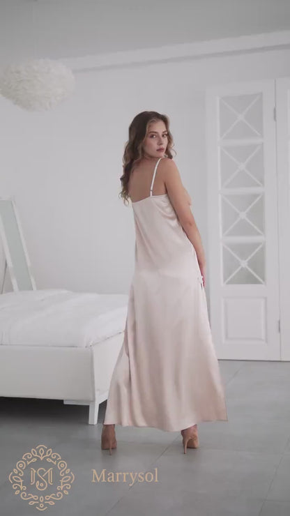 Beige Bridal Satin Long Nightgown Video