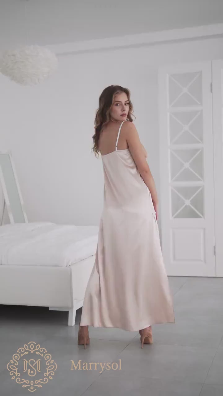 Floor Length Nightdress in Beige Satin - Sexy Sleepwear