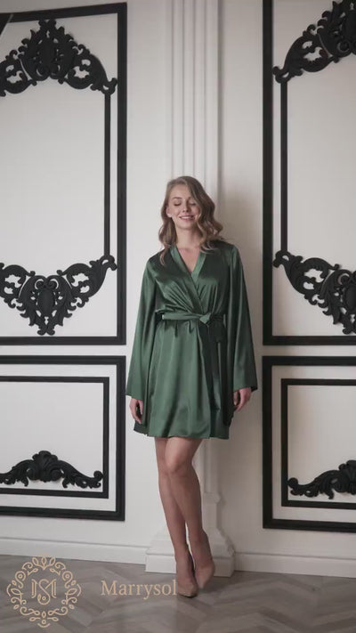 Stylish bridesmaid robe in a sophisticated shade of deep green satin