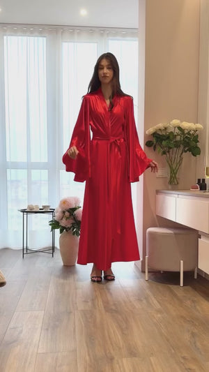 Bold satin robe with ultra wide kimono sleeves — perfect gift