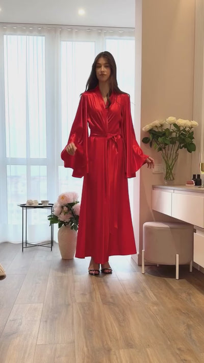 Bold satin robe with ultra wide kimono sleeves — perfect gift