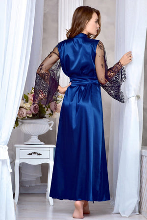 Graceful and glamorous: a stunning robe in royal blue satin, beautifully contrasted with black lace embellishments