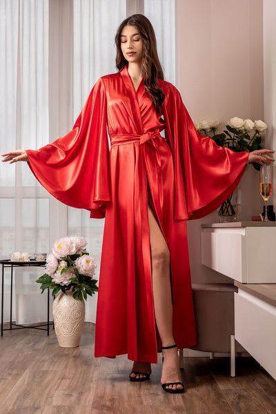 Long red satin dressing gown for women