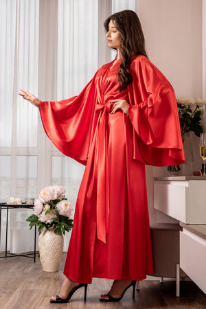Red kimono sleeve satin robe for photoshoots