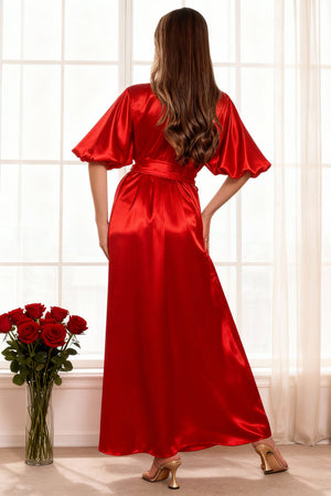 Red maxi robe with puff sleeves