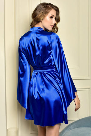 Drape yourself in opulence with our royal blue satin kimono mini robe