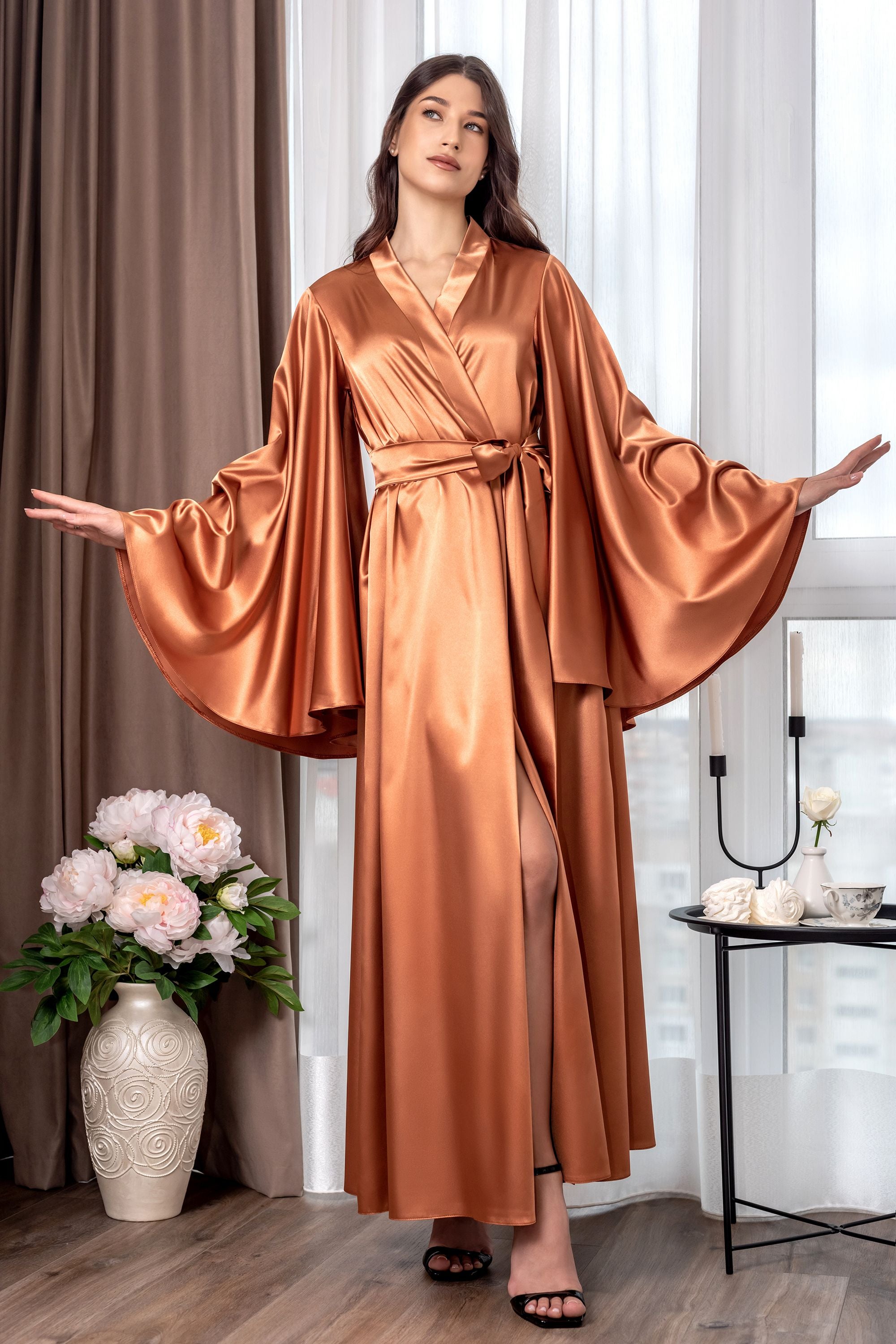 Terracotta satin robe with flowing bell sleeves