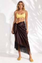 chocolate brown satin sarong, brown pareo, satin beach cover up, black fringe sarong, fringe beach cover up, brown beach skirt, resort wear cover up, vacation sarong, women’s beach pareo, satin sarong dress, poolside cover up, summer beachwear