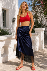 Navy Blue Satin Sarong Pareo with Black Fringe